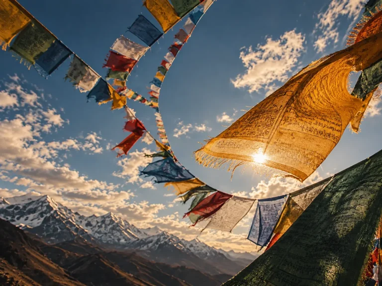 Prayer flags moving in warm sunlight above a Himalayan mountain valley
