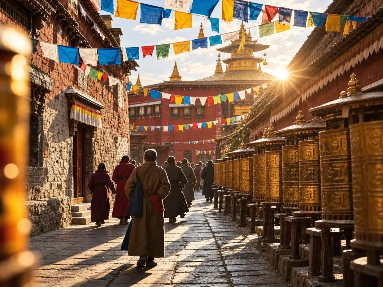 People walking beside a row of Tibetan prayer wheels in warm afternoon light